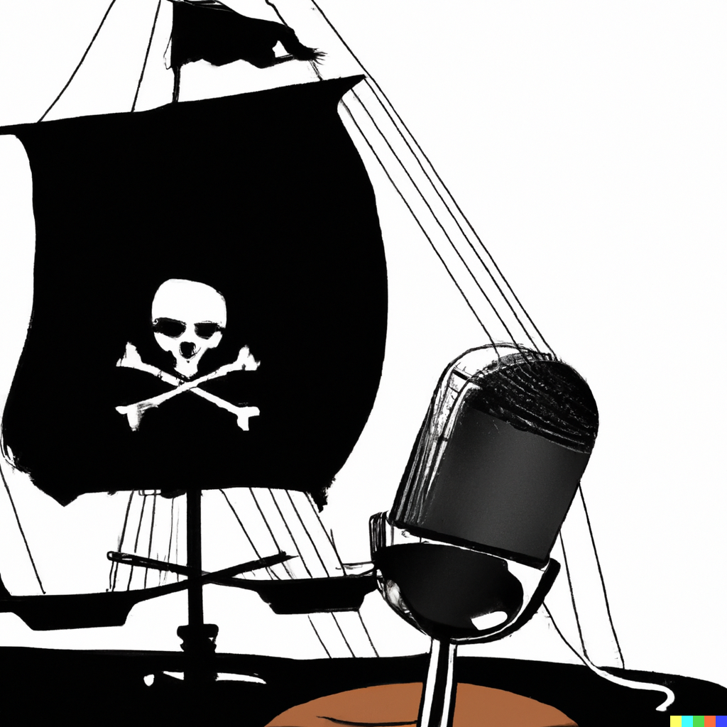 An illustration of a pirate ship with a a microphone on the sails