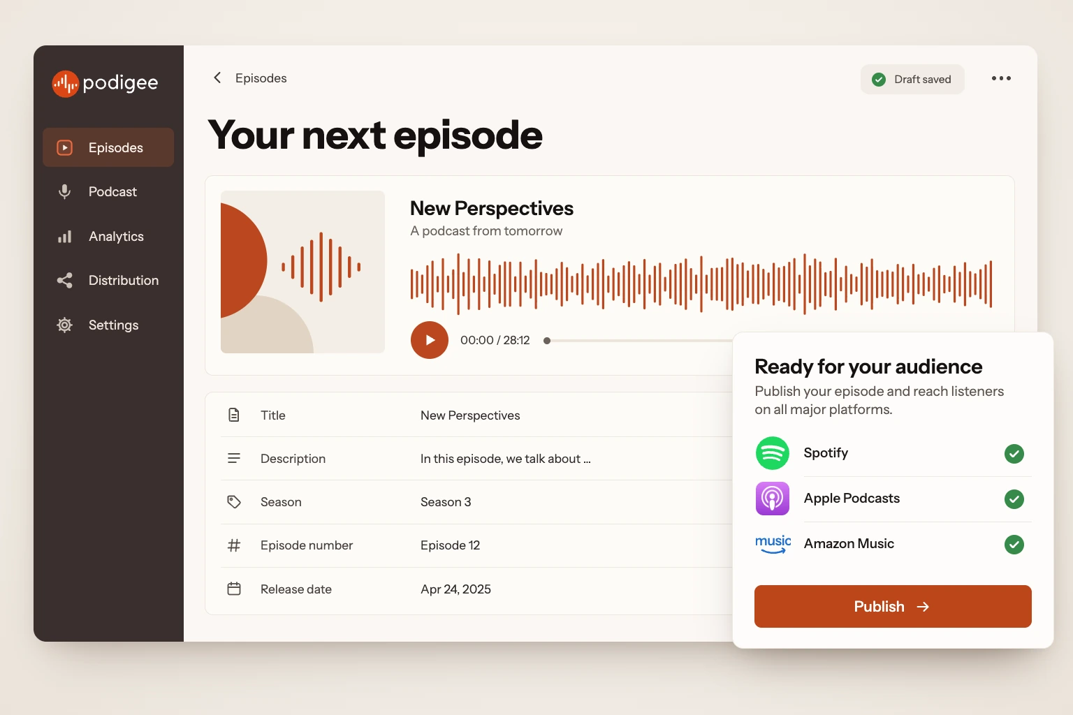 Podigee: a podcast episode with its audio file, published on Spotify, Apple Podcasts, Amazon Music and Deezer.
