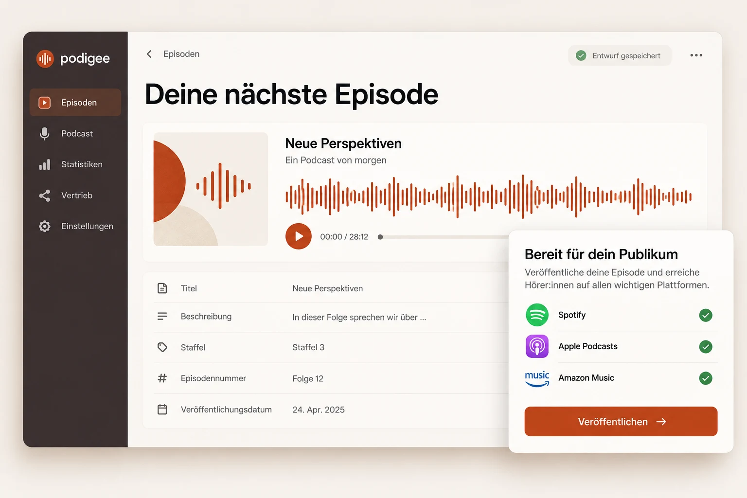 Podigee: die Episode „Neue Perspektiven“ mit Titel, Beschreibung und Veröffentlichungsdatum, bereit zur Veröffentlichung auf Spotify, Apple Podcasts und Amazon Music.