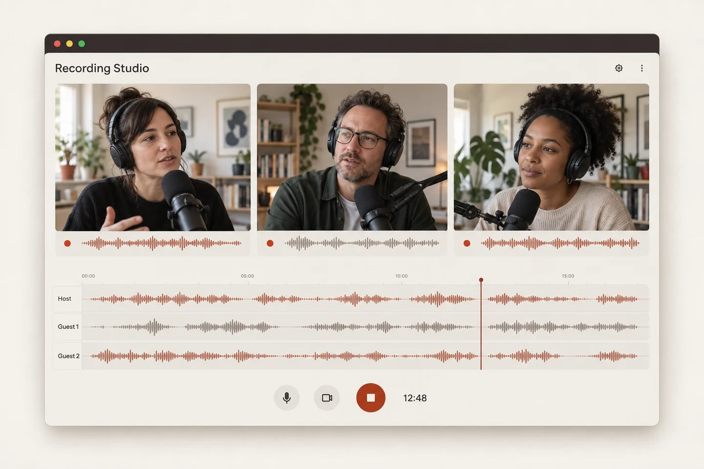 Three people in a remote podcast session, each on their own recording track.