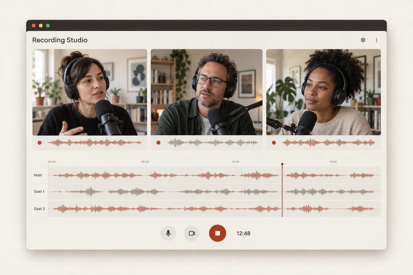 Drei Personen in einer Remote-Podcast-Session, jede mit eigener Aufnahmespur.
