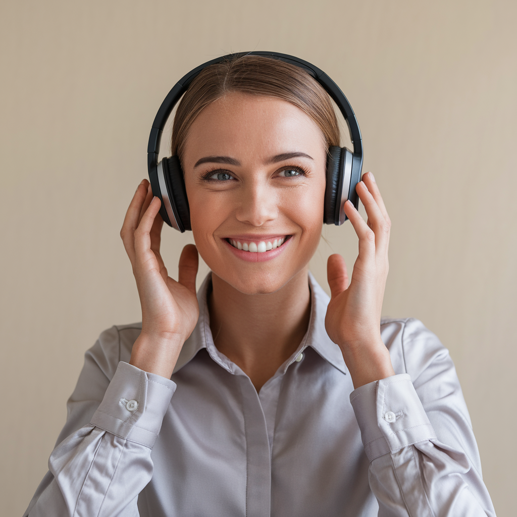 Podcasterin mit Kopfhörern und Mikrofon beim Podigee Ad Marketplace