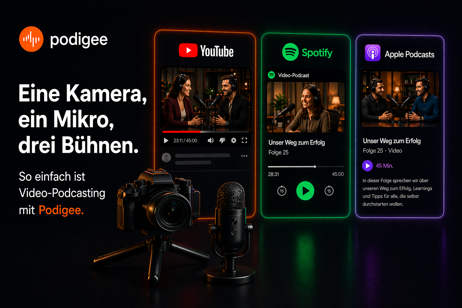 Die Distribution von Video-Podcasts ist ab sofort in jedem Podigee-Plan verfügbar – mit Unterstützung für alle drei großen Plattformen ab dem ersten Tag. Keine Warteliste. Kein Enterprise-only-Zugang.