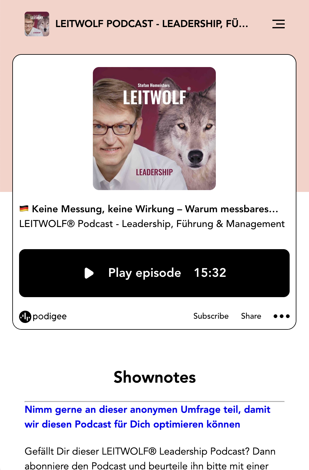 Screenshot der Leitwolf Podcast-Seite im Podigee Audio-Hub